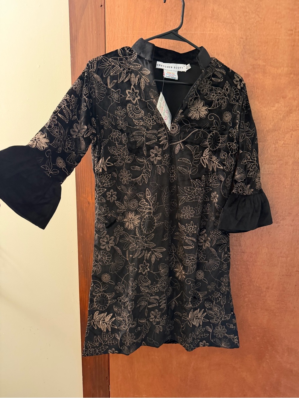 Gretchen Scott Designs Black Velvet Tunic with Gold Floral Embroidery